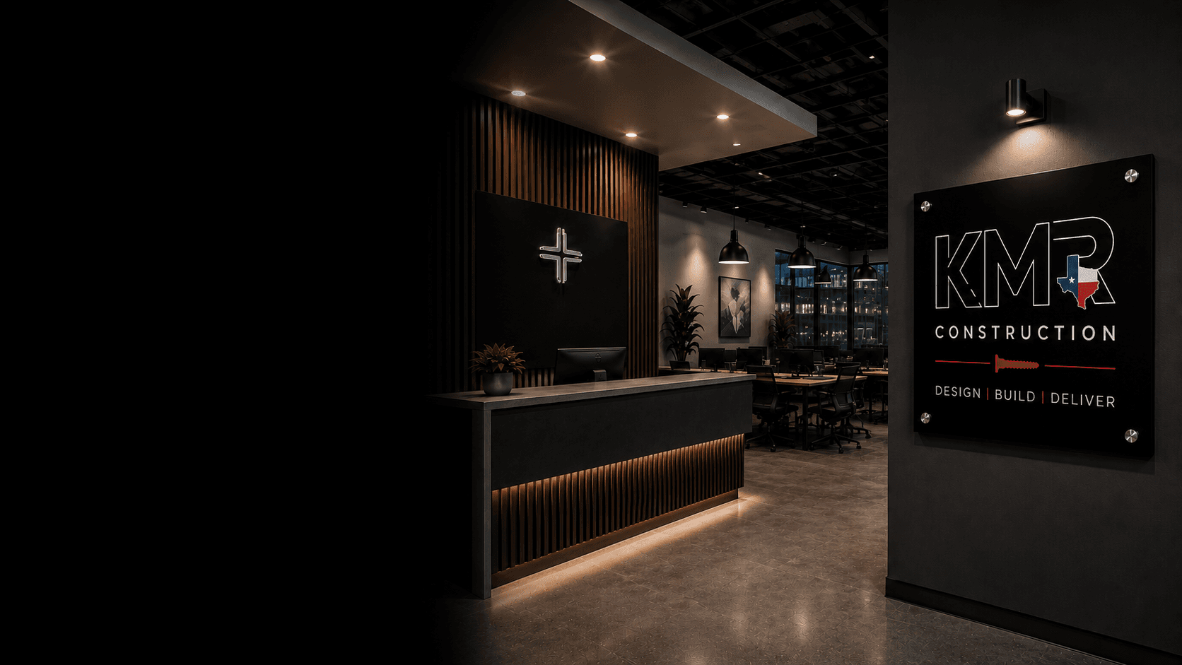 KMR-built corporate reception with vertical wood slats and KMR signage