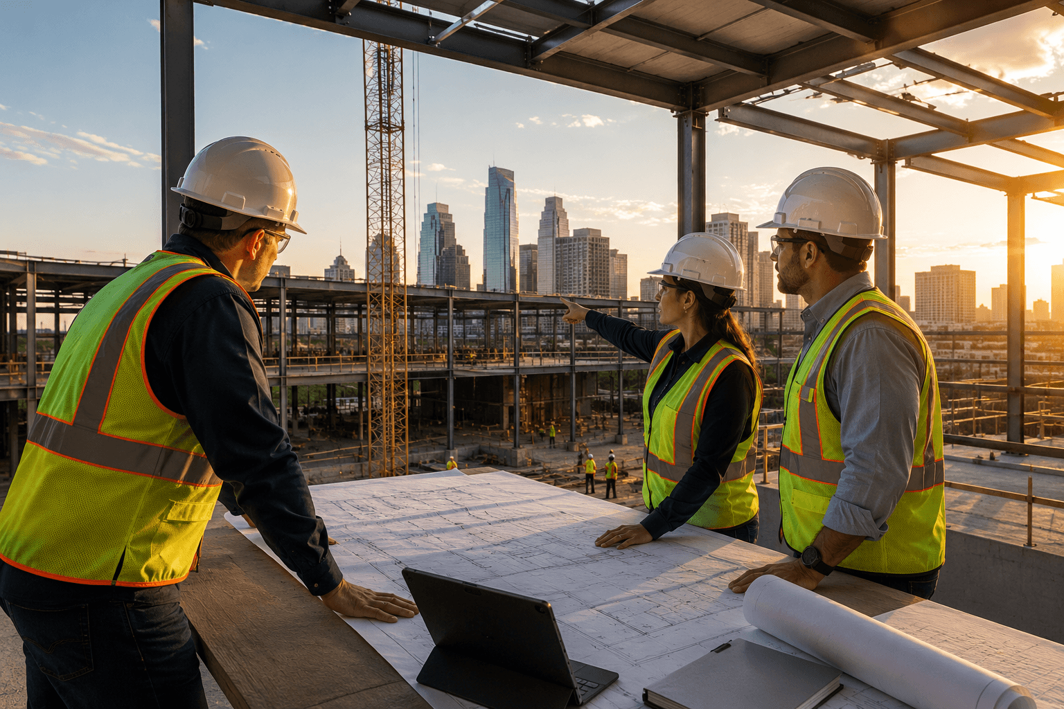 KMR Construction managers reviewing plans on a downtown Houston steel-frame jobsite at sunset