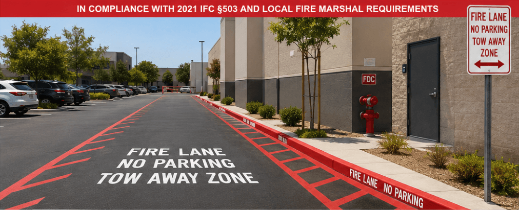 KMR Construction fire-lane striping on a Houston commercial property — IFC §503 and local fire-marshal compliant: traffic-grade red curb paint, crosshatched hydrant clearance zones, FDC marker, posted "FIRE LANE — NO PARKING — TOW AWAY ZONE" sign, and matching pavement stencil