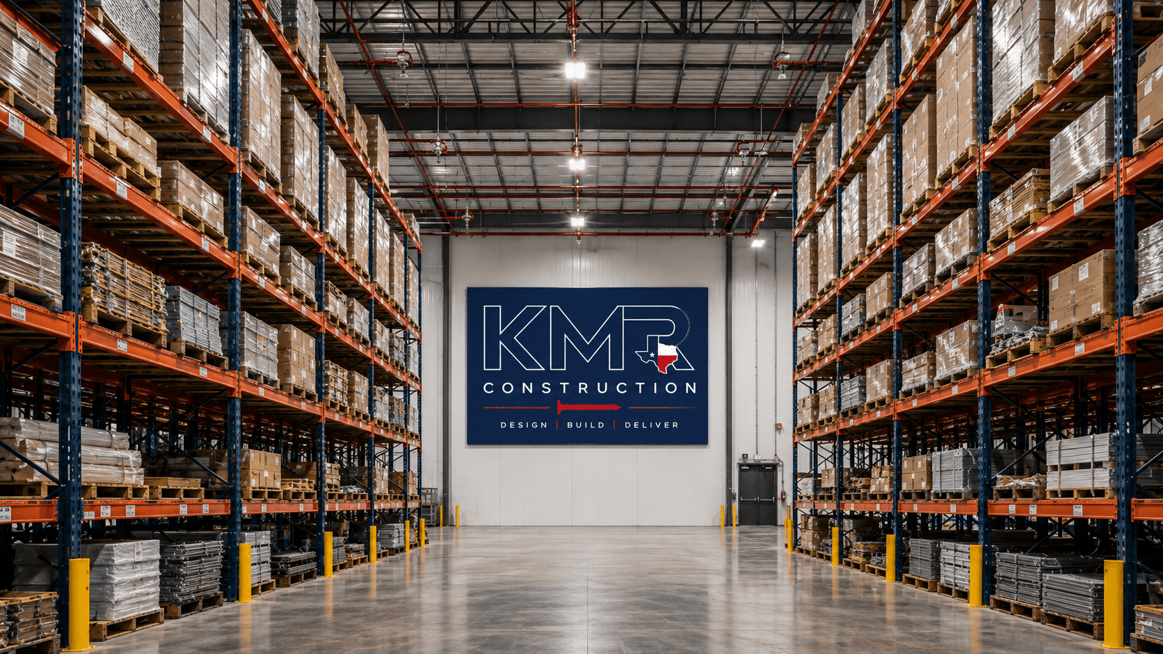 KMR Construction signage in a high-bay distribution warehouse with selective pallet racking
