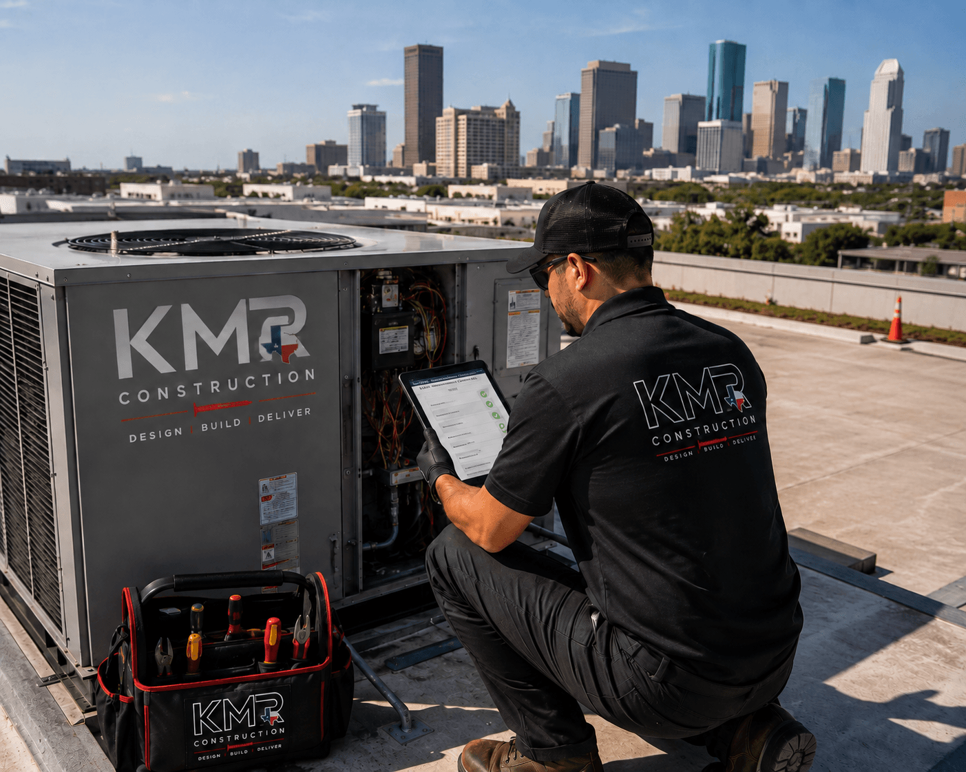 KMR Construction HVAC technician servicing a rooftop unit with the Houston skyline in the background