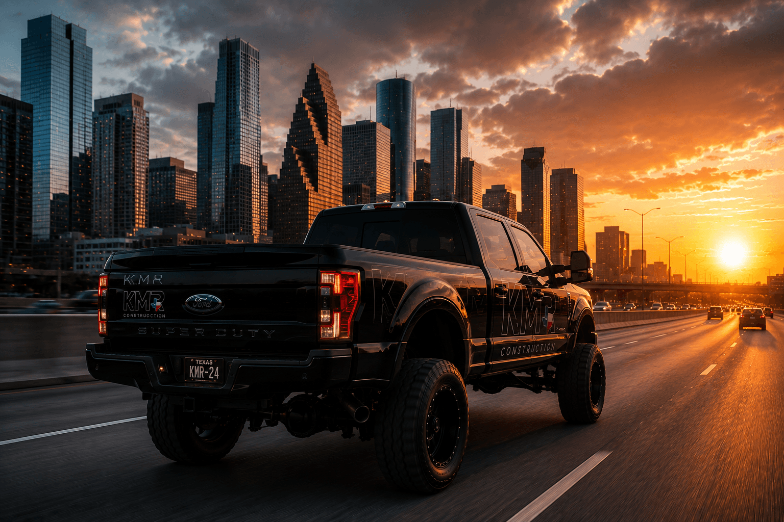 KMR Construction Super Duty F-250 on the Houston freeway at sunset