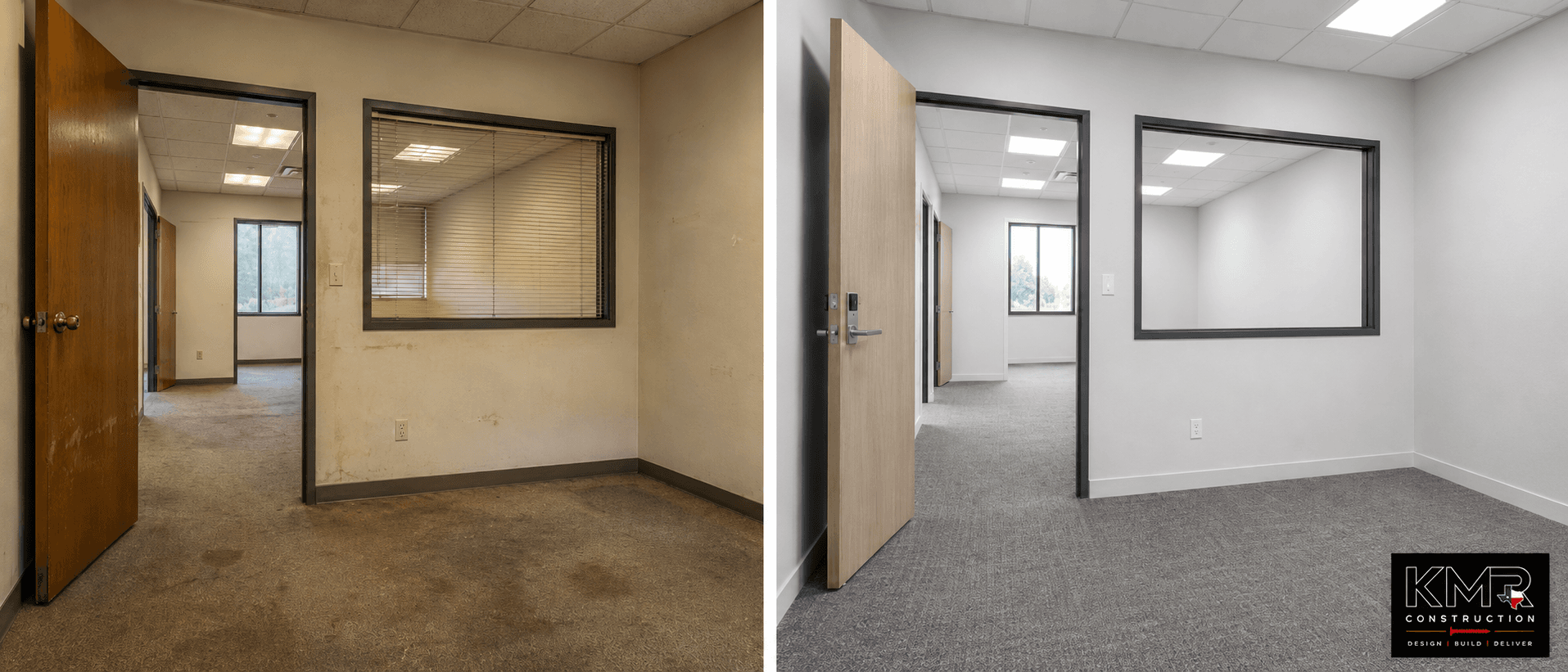 Before-and-after of a KMR Construction office make-ready — left: dingy, stained suite with worn carpet; right: same suite repainted, recarpeted, and photo-ready