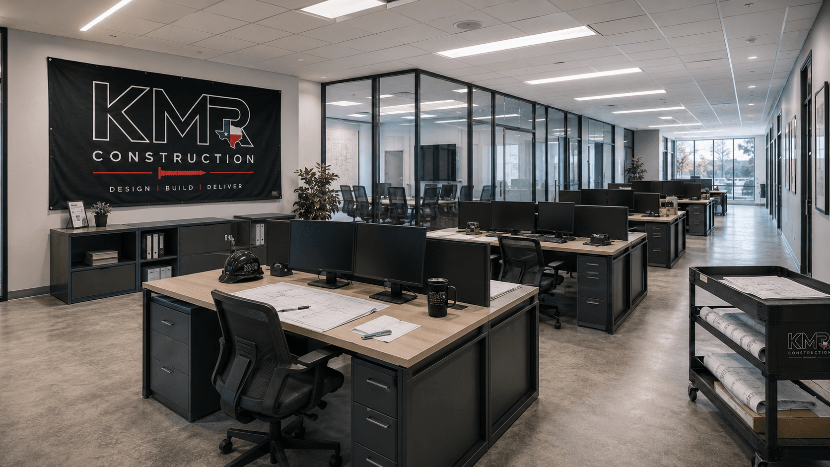 KMR-branded corporate office with open workstations and conference rooms