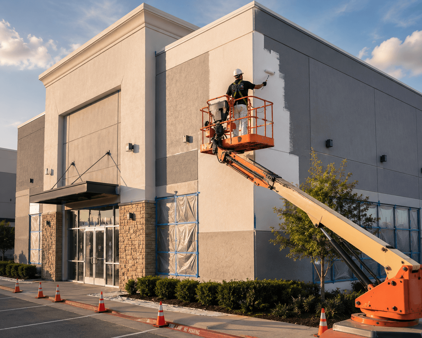 KMR Construction painter on a boom lift applying primer to the exterior of a Houston commercial building