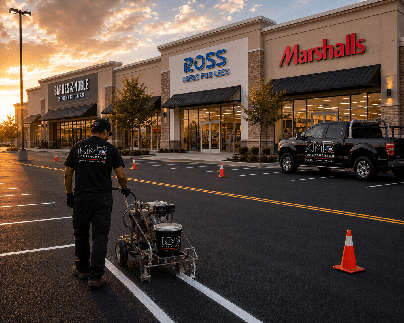 KMR Construction technician re-striping a retail center parking lot at sunset