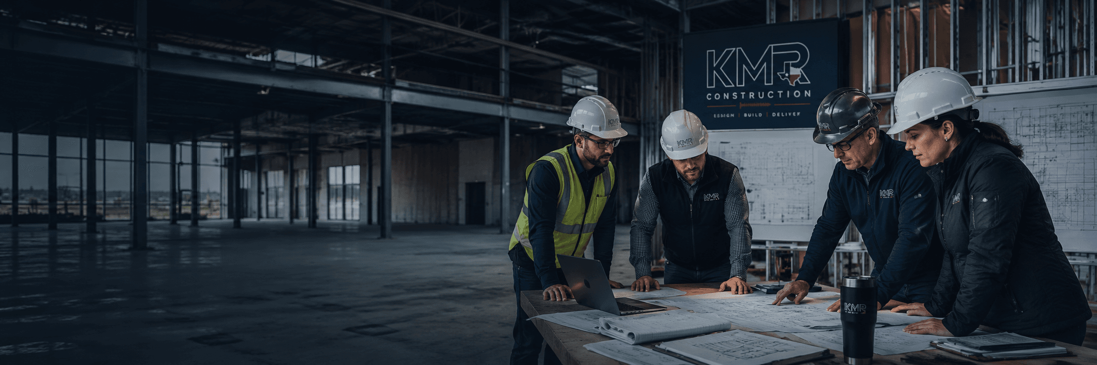 KMR Construction preconstruction team reviewing drawings on a job site