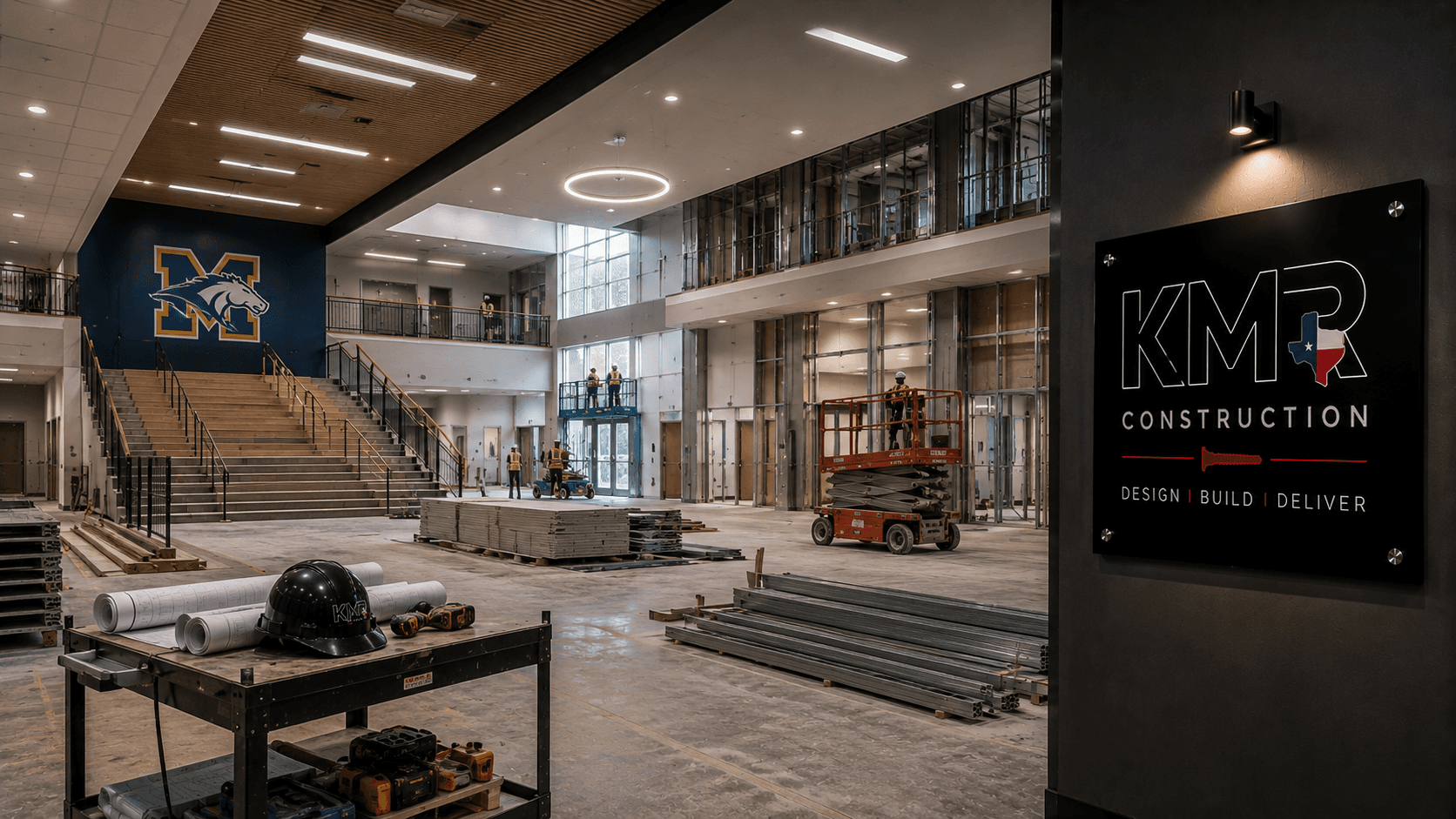 KMR-built school interior under construction with mascot wall and atrium