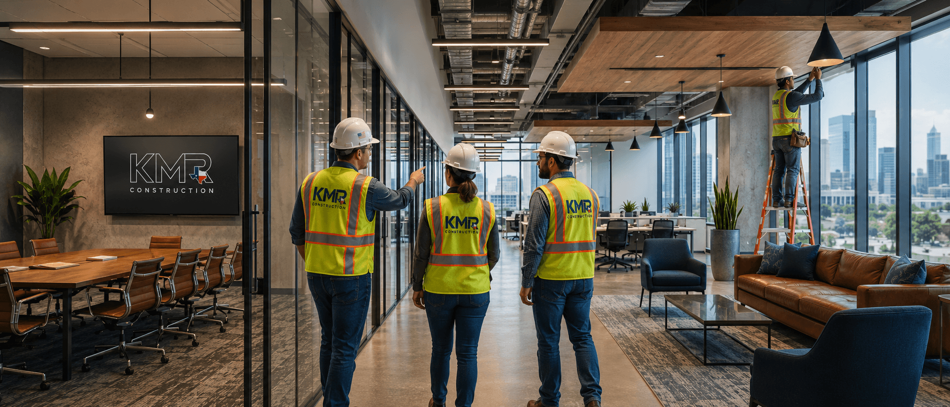 KMR Construction crew finishing a Houston office tenant improvement with conference room, open workstations, and lounge seating