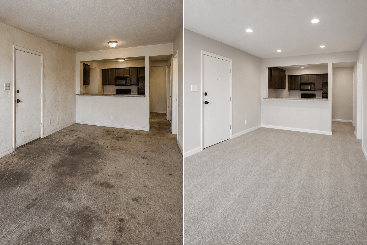 Before-and-after of a KMR Construction tenant move-out repair — left: stained walls and heavily soiled carpet; right: same unit repainted, recarpeted, and ready for the next tenant