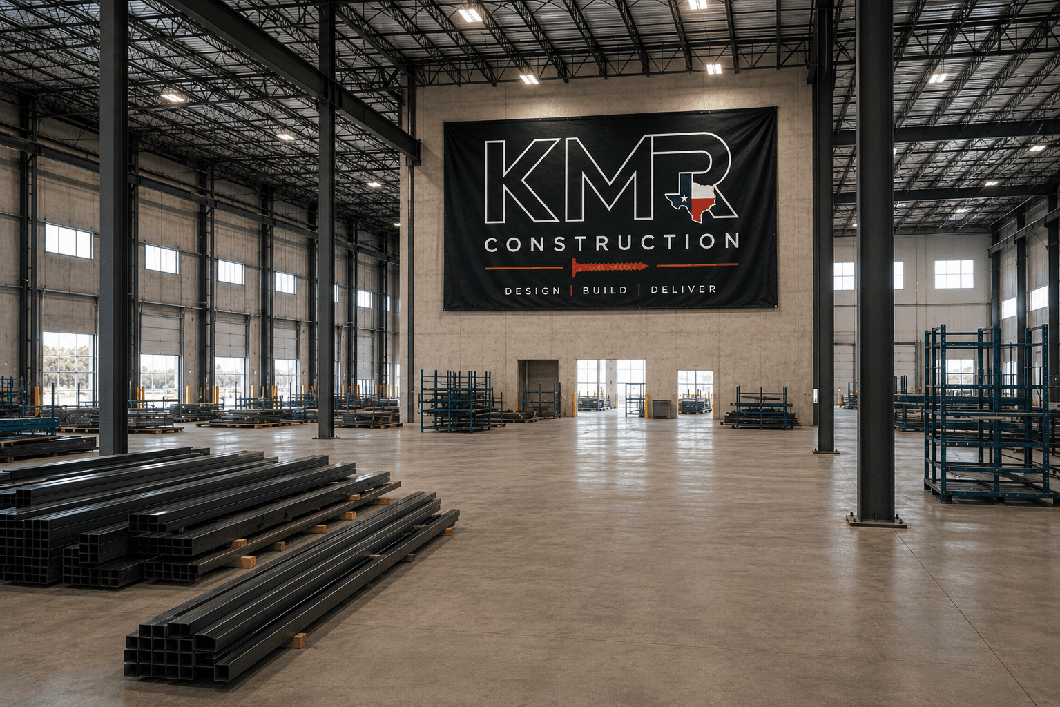 Industrial warehouse interior with KMR banner and steel inventory